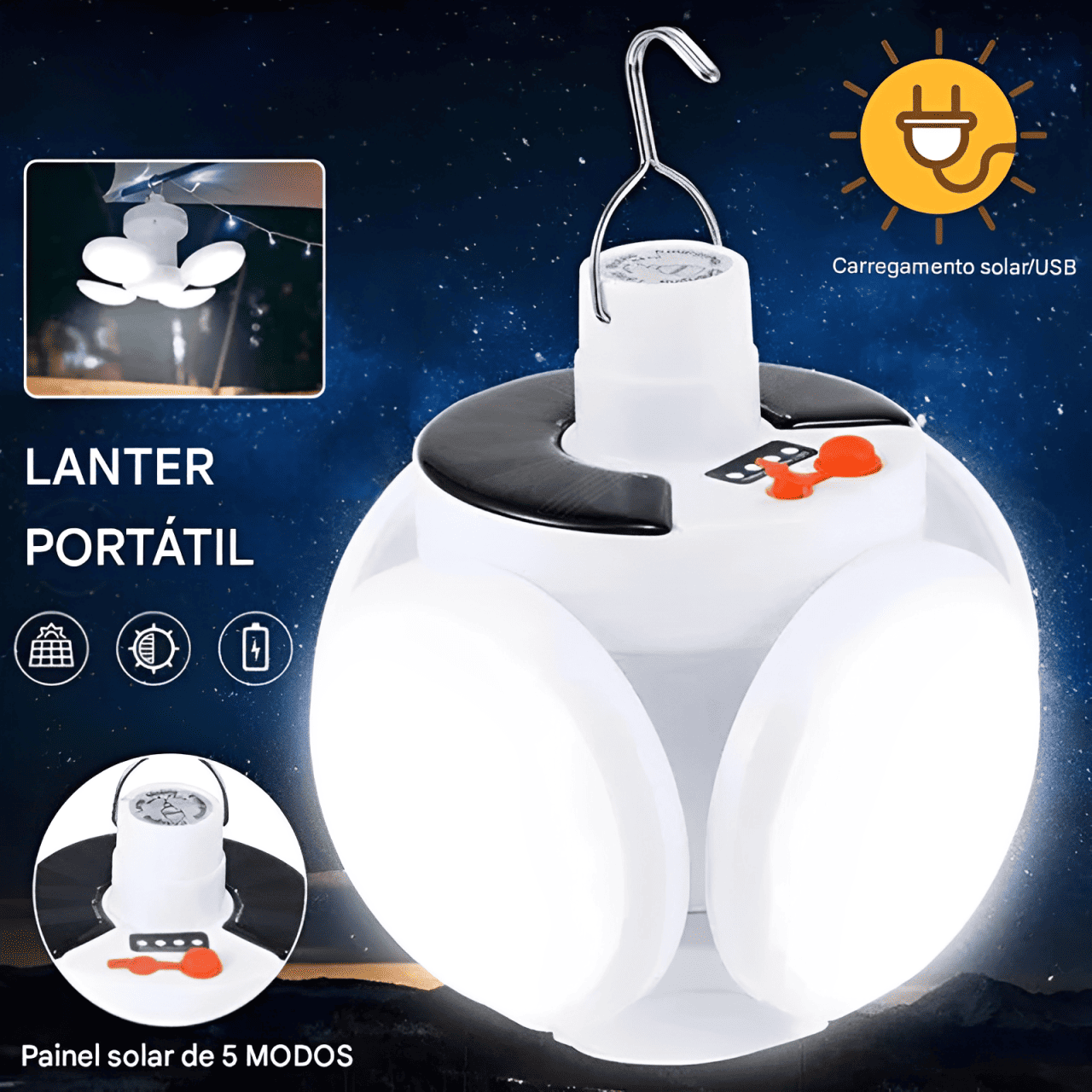 Lâmpada Solar 2 em 1 – Recarregável via Solar e USB