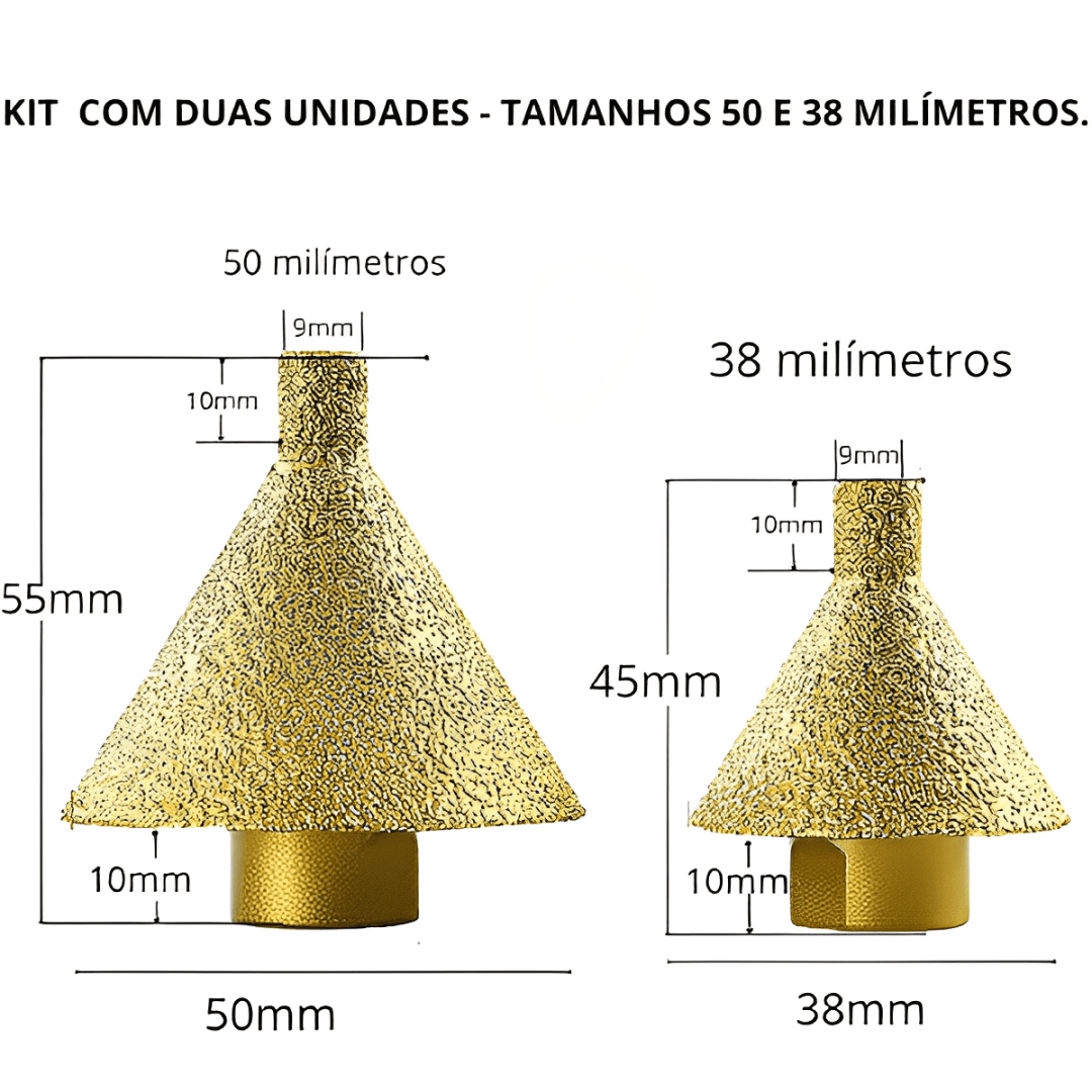 Kit de Brocas Diamantadas (2 Peças) para Furos de 9 a 50 mm + Adaptador para Furadeira