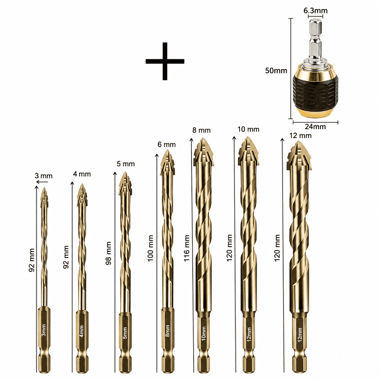 Conjunto com 7 Brocas Excêntricas Serrilhadas + Adaptador de Liberação Rápida