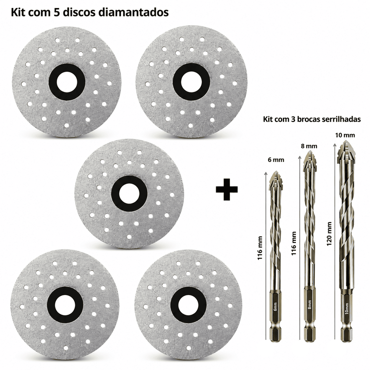 Disco diamantado ultrafino sem lascar + kit com 3 brocas serrilhadas