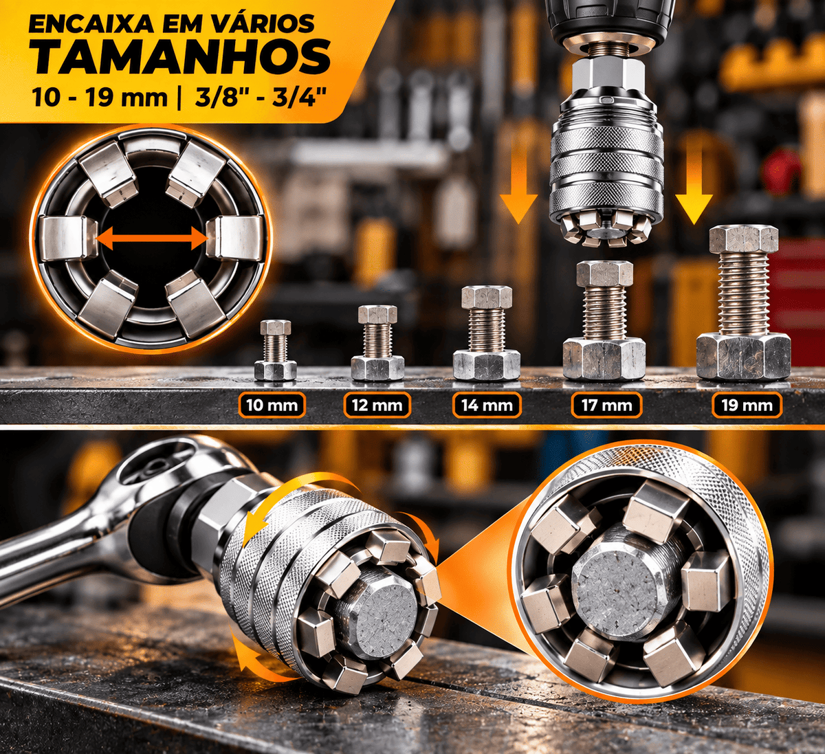 Chave Universal 10–19mm + Adaptador