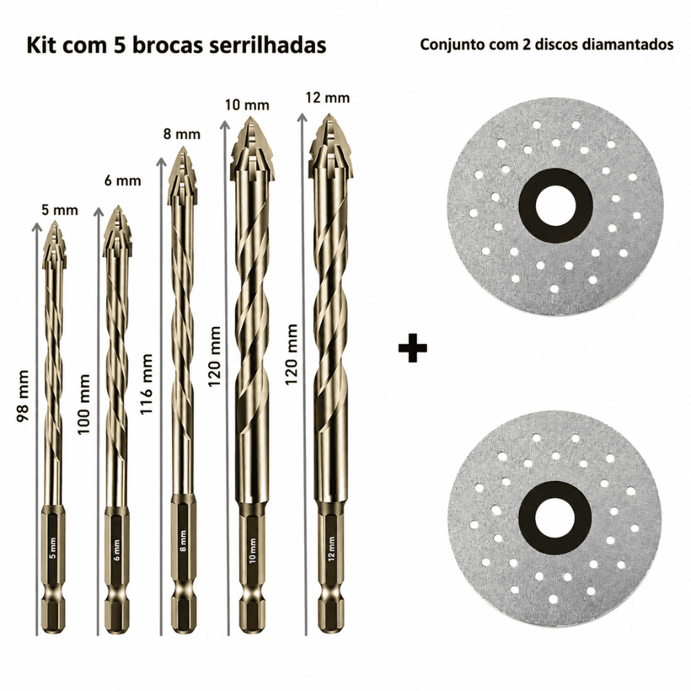 Kit com 5 Brocas Excêntricas Serrilhadas + 2 Discos Diamantados